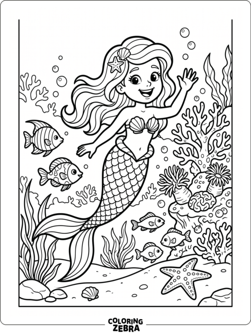 A cartoon mermaid waving among coral and fish
