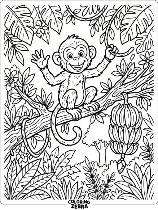A cartoon monkey waving from a tree branch