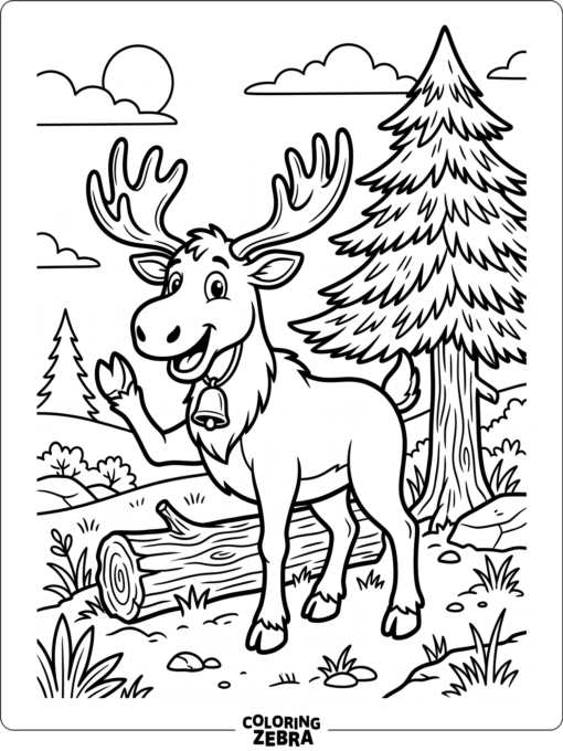 A cartoon moose waving beside a log