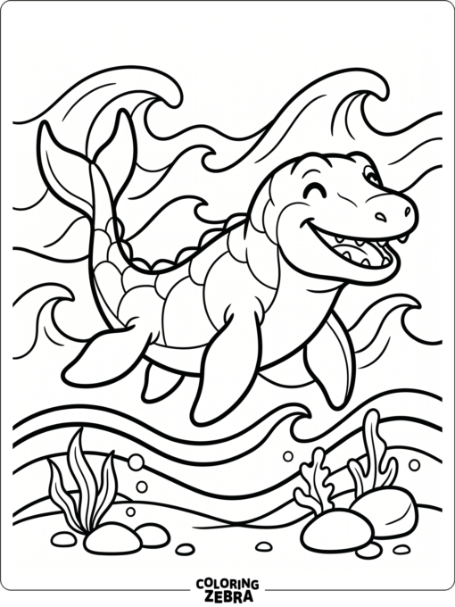 A smiling cartoon mosasaurus in the waves