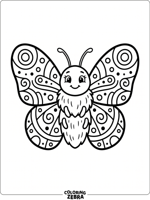 A cartoon moth with rounded wings and a smile