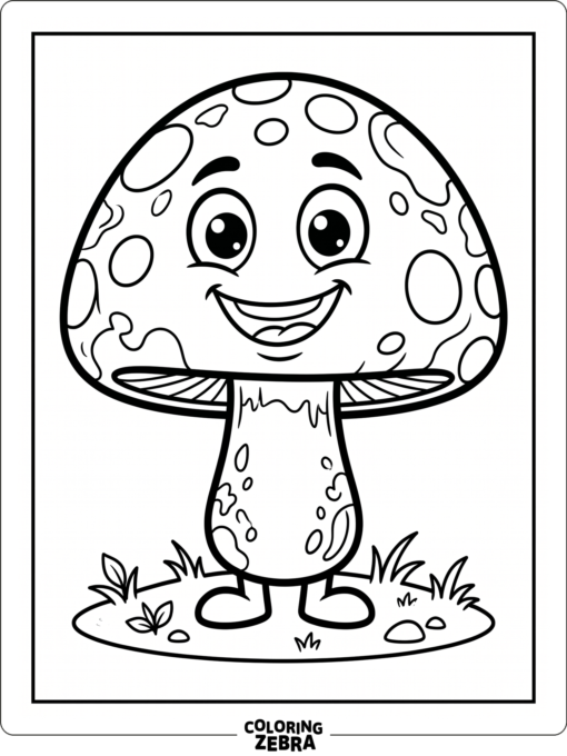 A cartoon mushroom with big eyes, a grin, and little feet