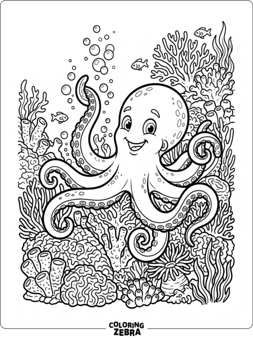 A cartoon octopus waving near coral and bubbles