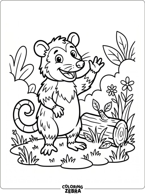 A cartoon opossum waving near a log
