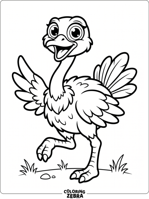 A cartoon ostrich with oversized eyes and a playful pose