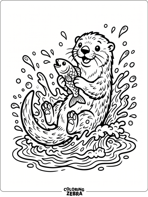 A cartoon otter splashing with a fish