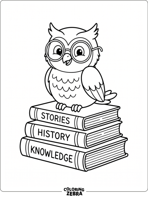 A cartoon owl with glasses sitting on books