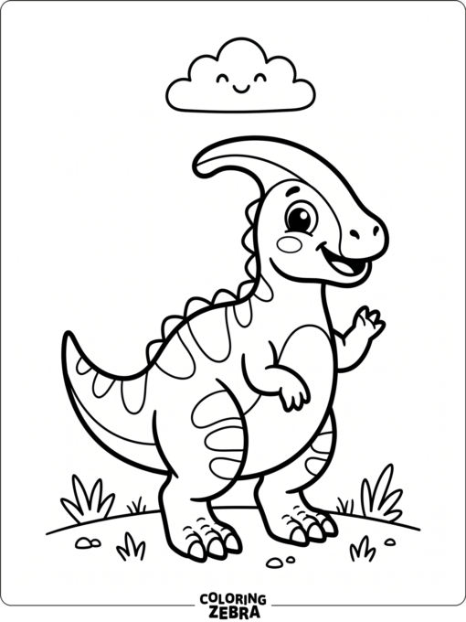 A cartoon parasaurolophus with big eyes and a smile