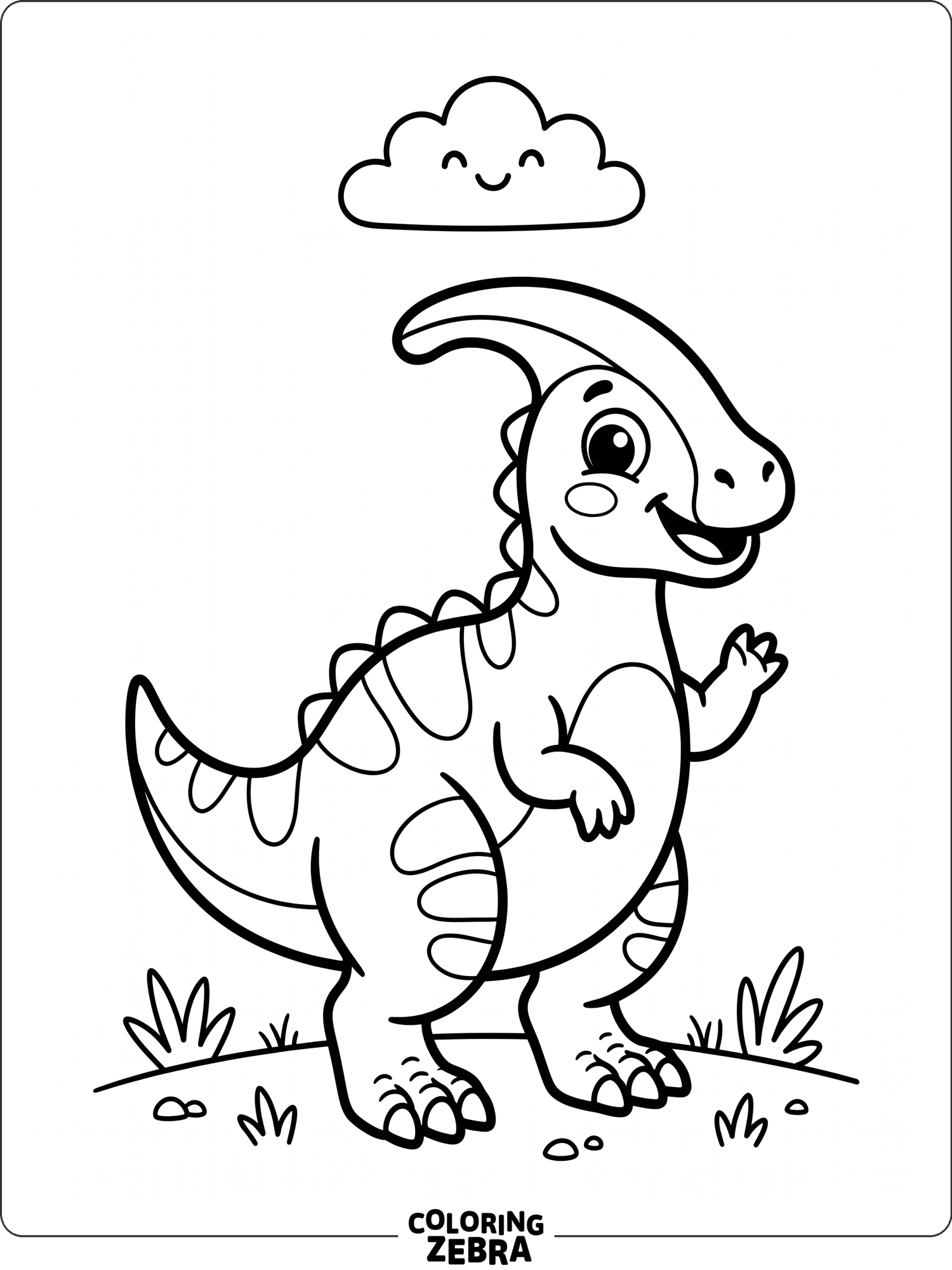 A cartoon parasaurolophus with big eyes and a smile