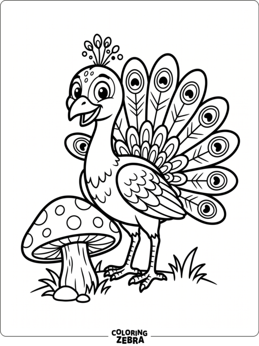A cartoon peacock with big eyes beside a mushroom