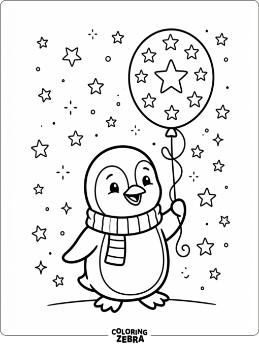 A cartoon penguin holding a balloon