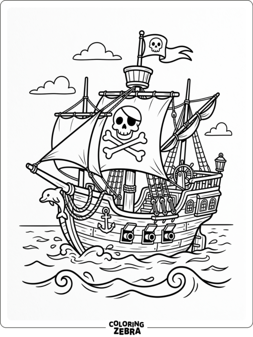 A cartoon pirate ship with a smiling flag