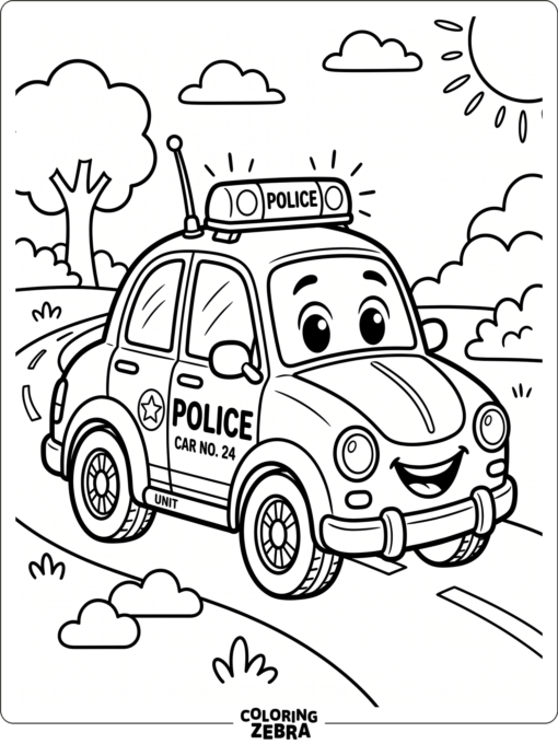 Smiling cartoon police car with rounded edges