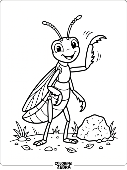 A cartoon mantis near a rock