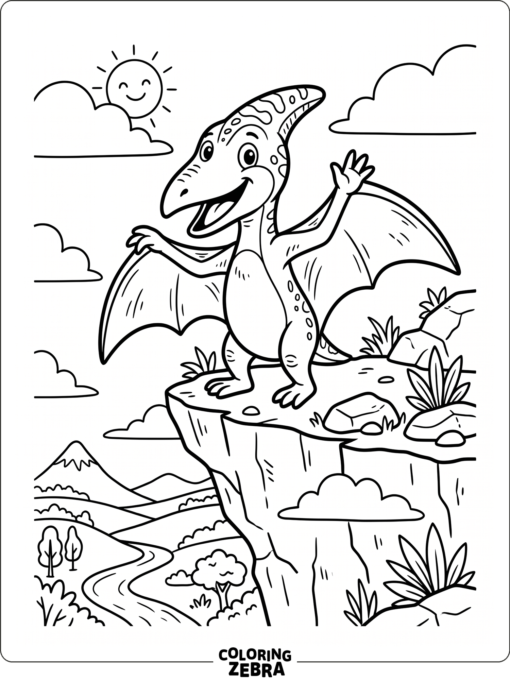 A cartoon pterodactyl waving from a cliff