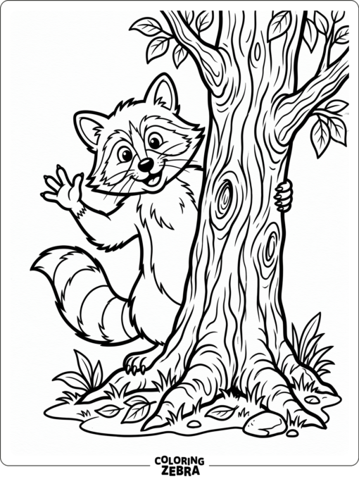 A cartoon raccoon peeking from behind a tree
