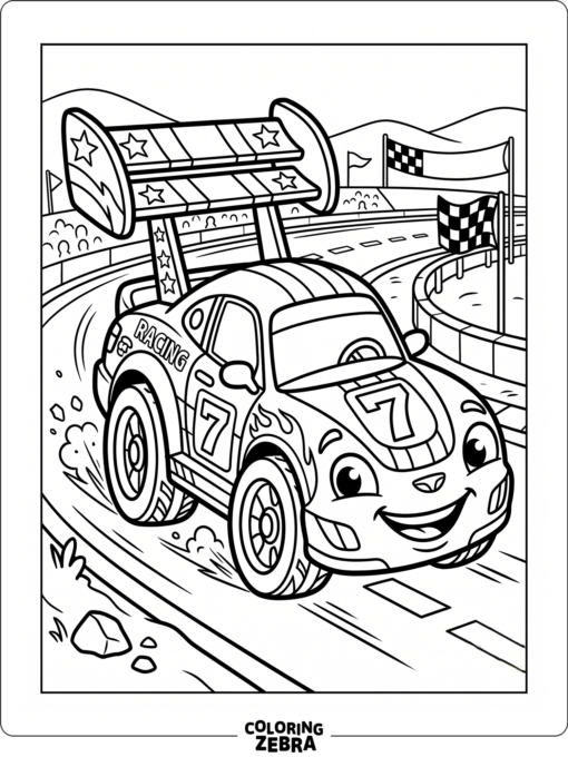 A cartoon race car with a happy face and oversized spoiler