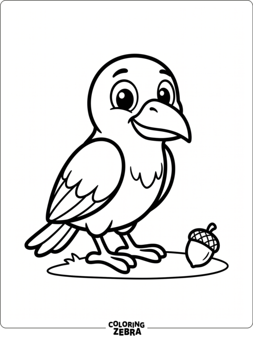 A cartoon raven with big eyes sits beside a tiny acorn