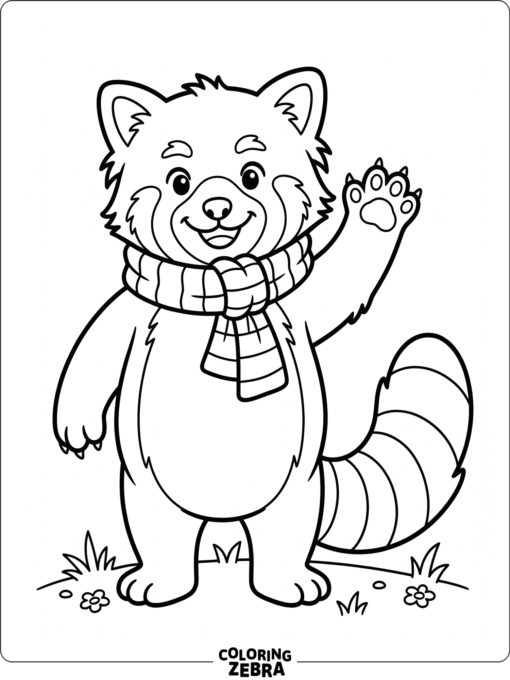 A cartoon red panda standing with a raised paw