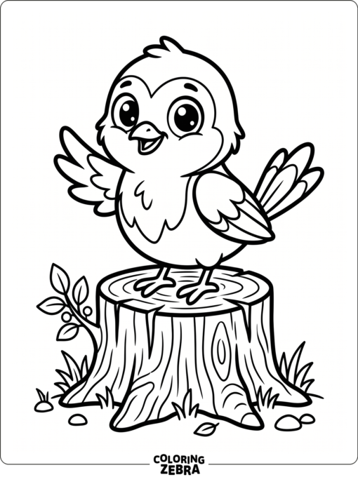 A cartoon robin with big eyes sitting on a stump