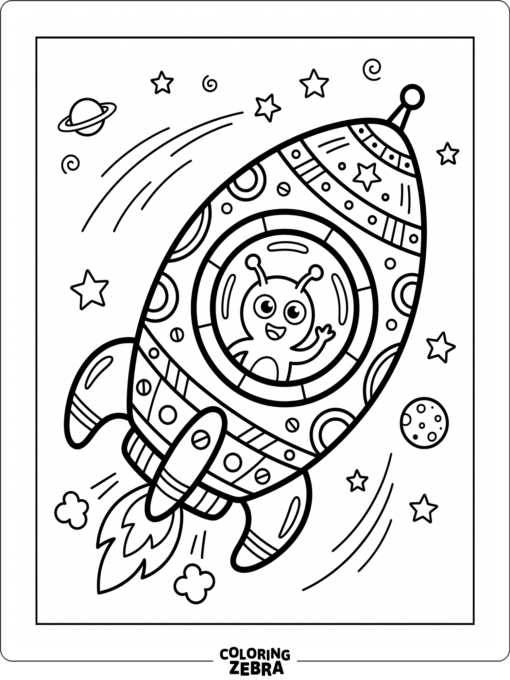 A cartoon rocket with a big window and tiny fins