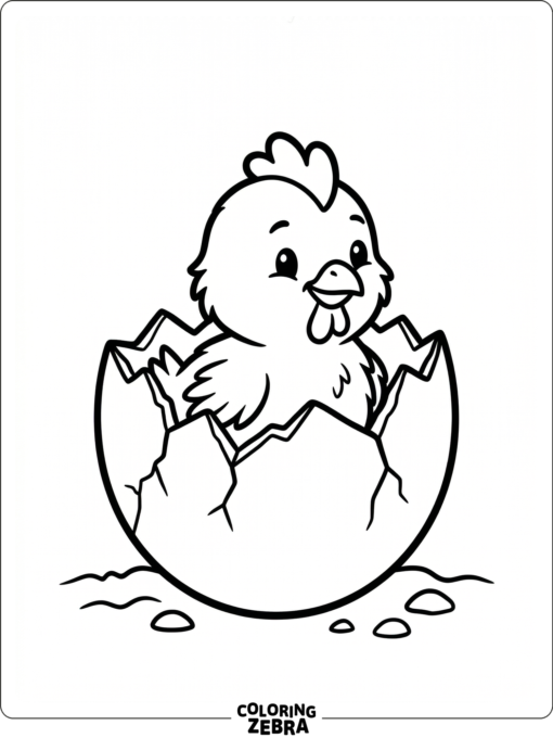 A baby rooster chick peeks out of a cracked eggshell with simple clean lines.