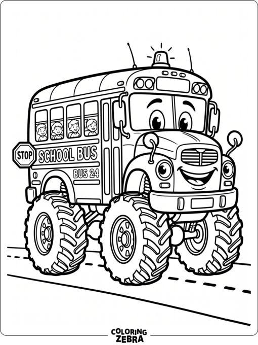 A cartoon school bus with a smiling face and big wheels