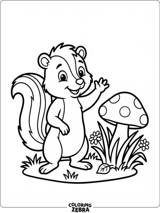 A cartoon skunk waving beside a mushroom