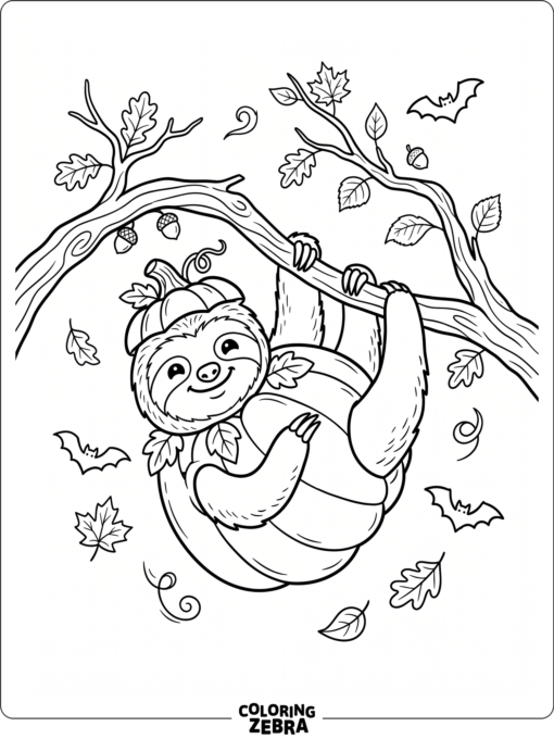 A sloth in a pumpkin costume with bats