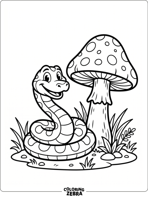 A smiling cartoon snake beside a mushroom