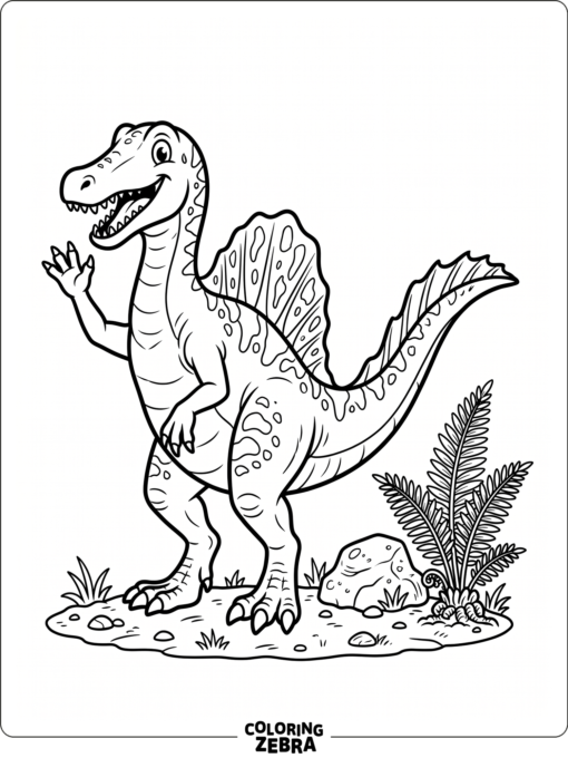 A cartoon spinosaurus waving near a fern