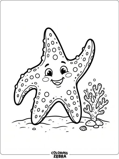A cartoon starfish waving near a small coral sprig