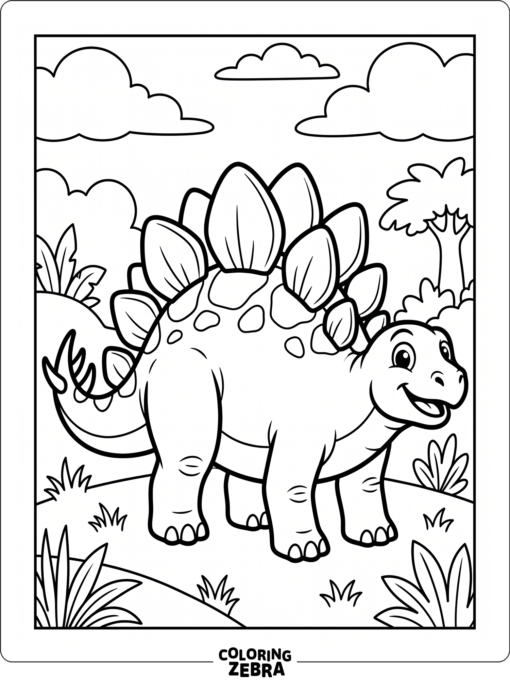 A cartoon stegosaurus with big plates and a friendly face