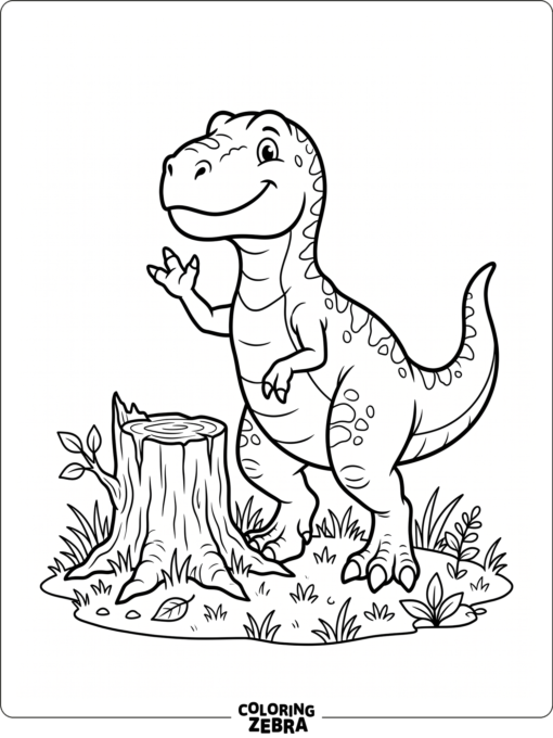 A cartoon T rex waving beside a tree stump