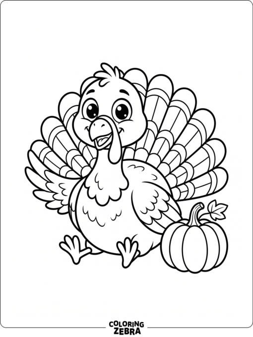 A cartoon turkey with big eyes and a small pumpkin