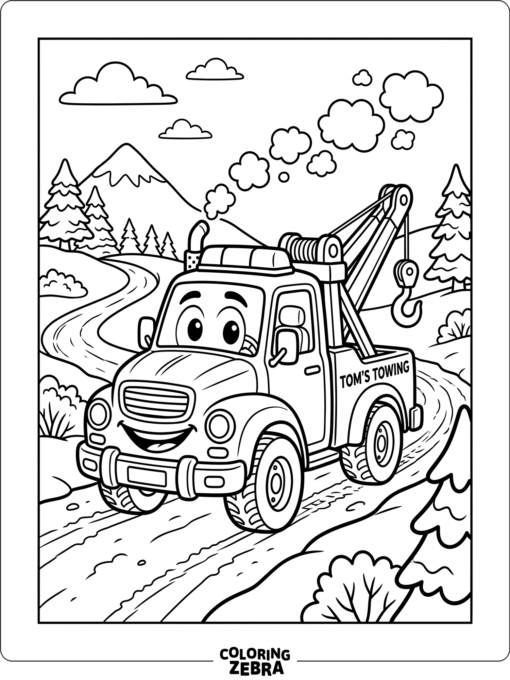 A smiling cartoon tow truck with a hook
