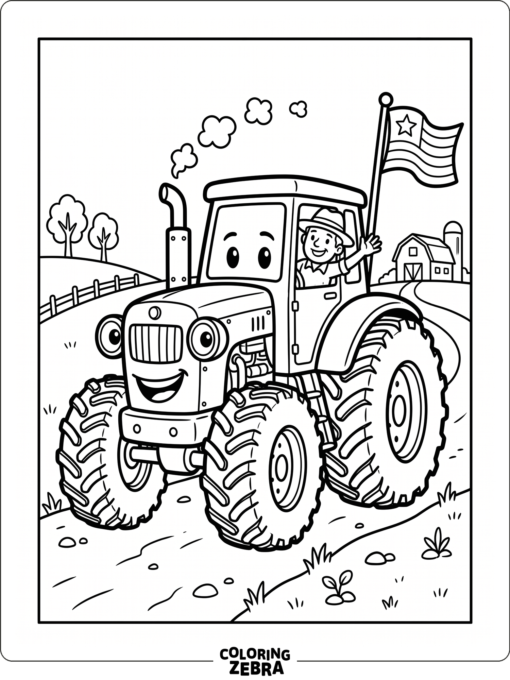 A cartoon tractor with big wheels and a flag