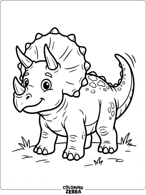 A cartoon triceratops with round eyes and a curved tail