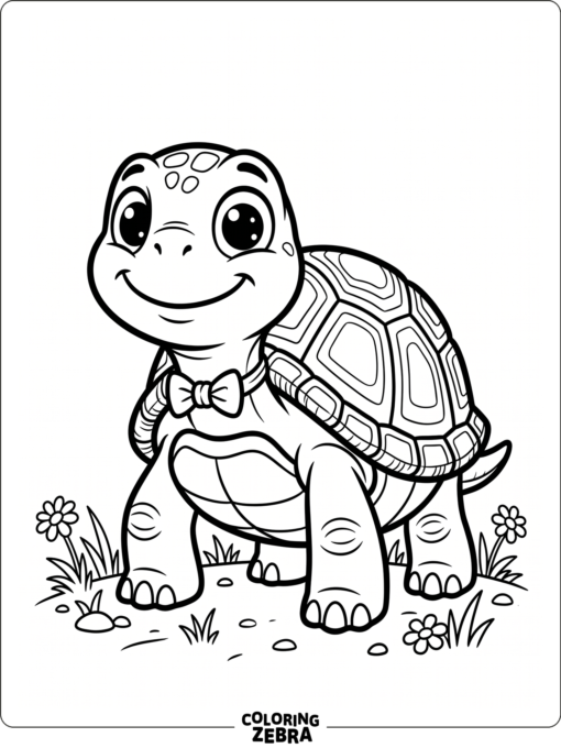 A cheerful cartoon turtle with big eyes and a bow tie