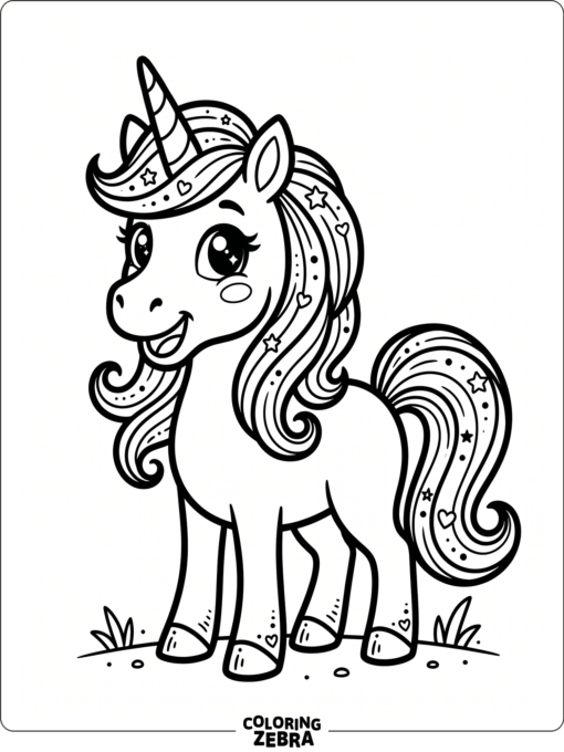 A cartoon unicorn with big eyes and a smile