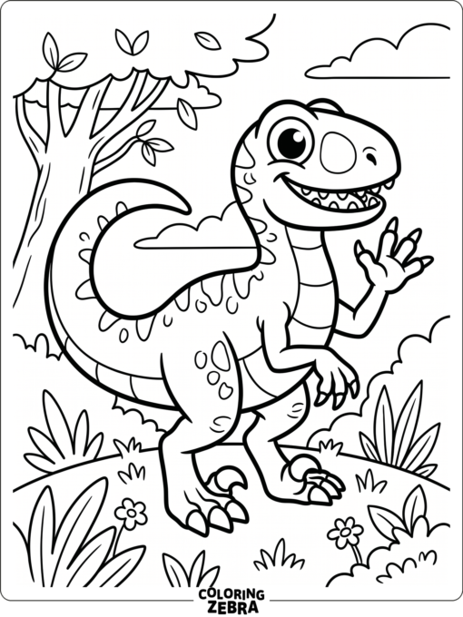 A cartoon velociraptor waving with a big eye
