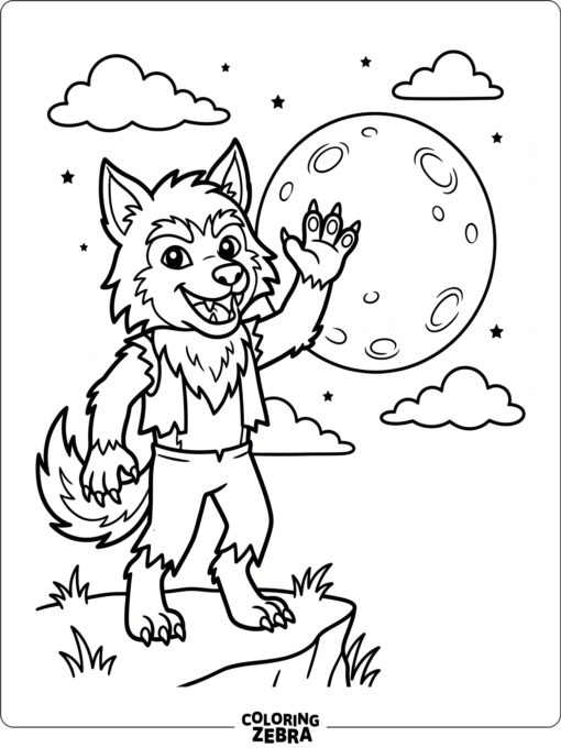 A cartoon werewolf waving under the moon
