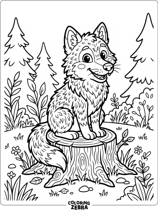 A cartoon wolf sitting on a stump