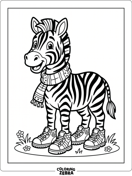 A cartoon zebra wearing sneakers and a scarf