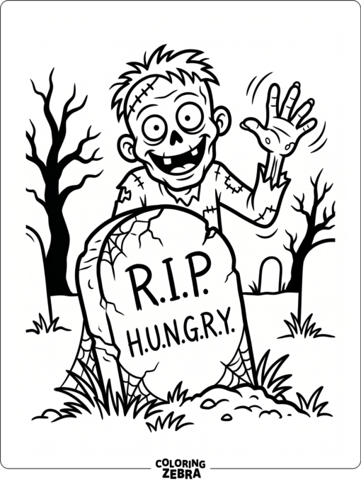 A cartoon zombie peeking from behind a tombstone