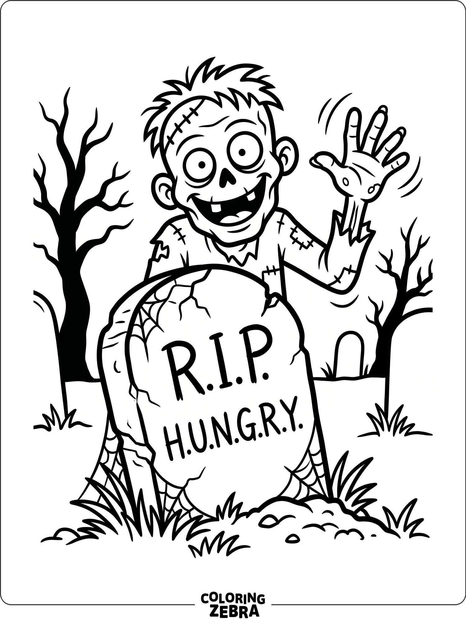 A cartoon zombie peeking from behind a tombstone