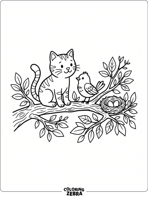 A cat and a bird on a leafy branch