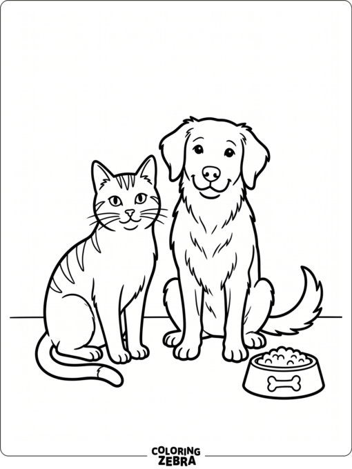 A cat and a dog sitting beside a food bowl