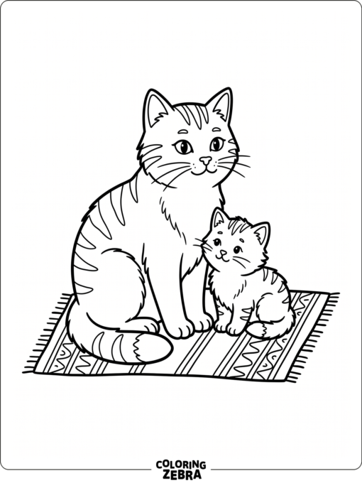 A cat and a kitten sitting together on a rug