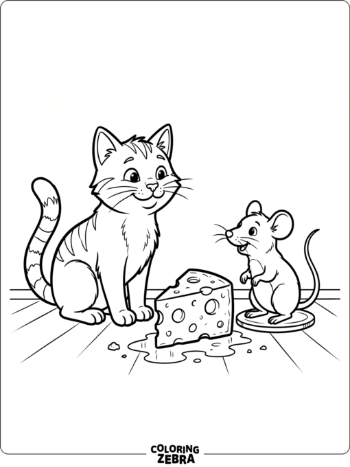 A cat and a mouse near a cheese wedge